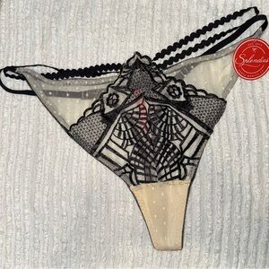 Splendies Black Sheer Mesh & Lace Thong 1X | Sexy Embroidered Detail | NWT
